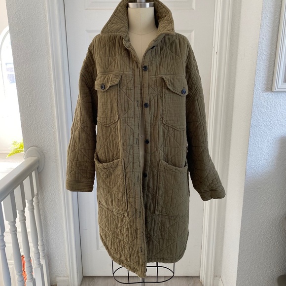 Avec Les Filles Olive Green Quilted Shacket Cotton Gauze Coat - Picture 1 of 9